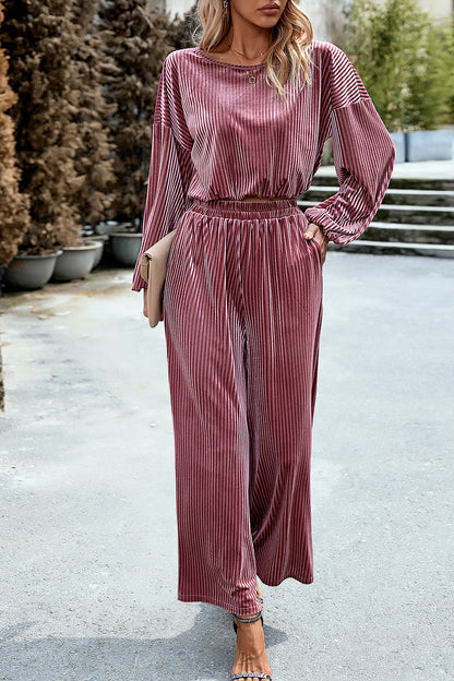 Round Neck Dropped Shoulder Top and Elastic Waist Pants Set Burgundy