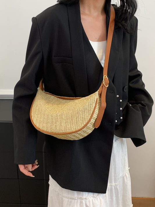 Straw Weave Adjustable Strap Shoulder Bag Khaki One Size