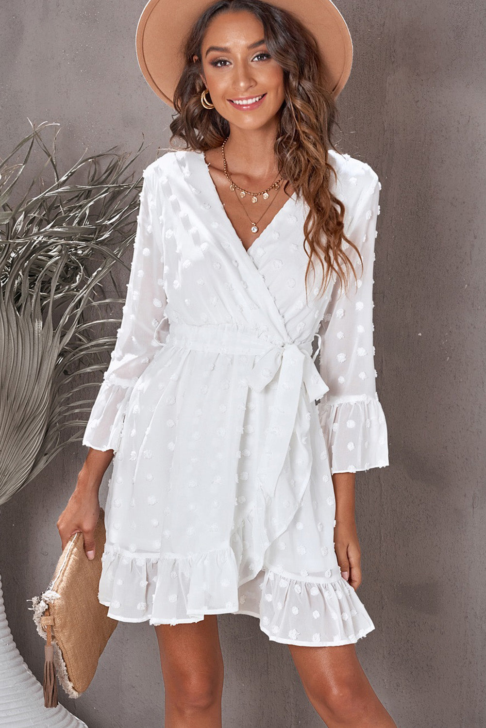 Swiss Dot Ruffled Tie-Waist Surplice Dress White L