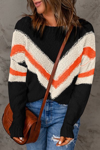 Contrast Round Neck Dropped Shoulder Sweater Orange