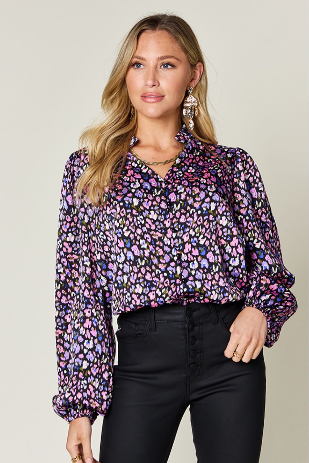 Double Take Full Size Printed Long Sleeve Blouse Purple