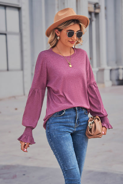 Round Neck Flounce Sleeve Blouse