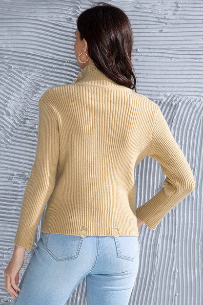 Ribbed Long Sleeve Slit Distressed Sweater