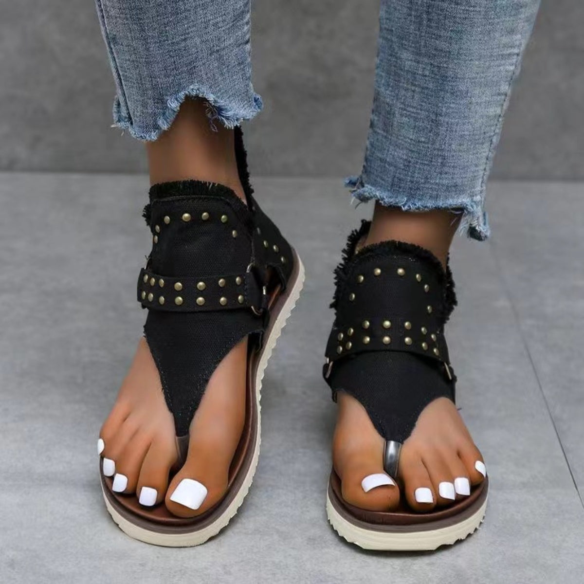 Studded Raw Hem Flat Sandals Dark