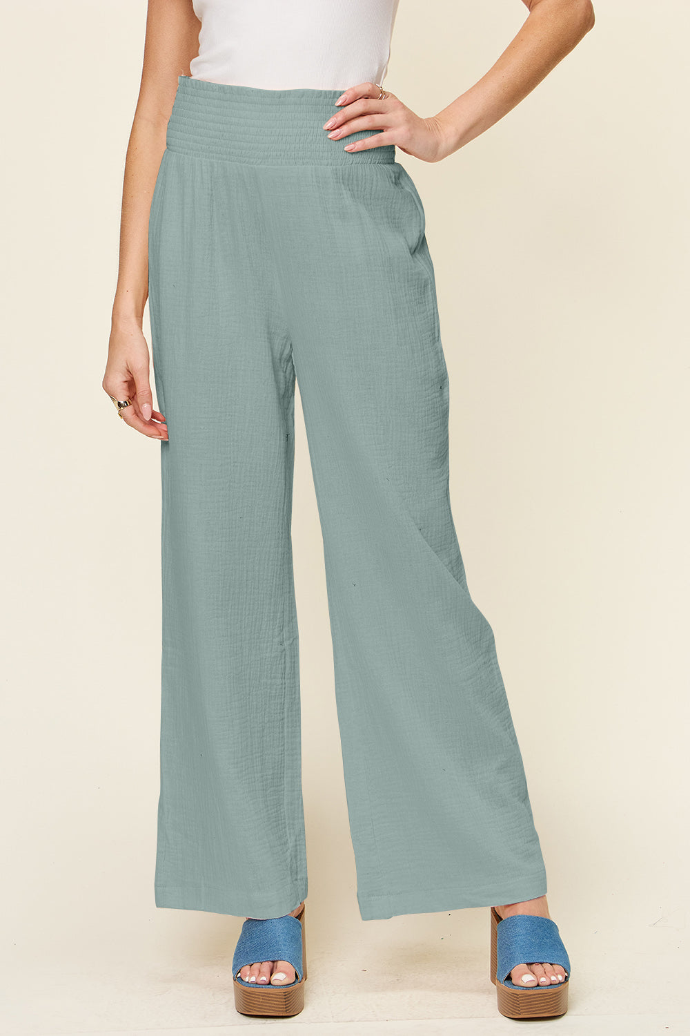 Double Take Full Size Texture Smocked Waist Wide Leg Pants Teal