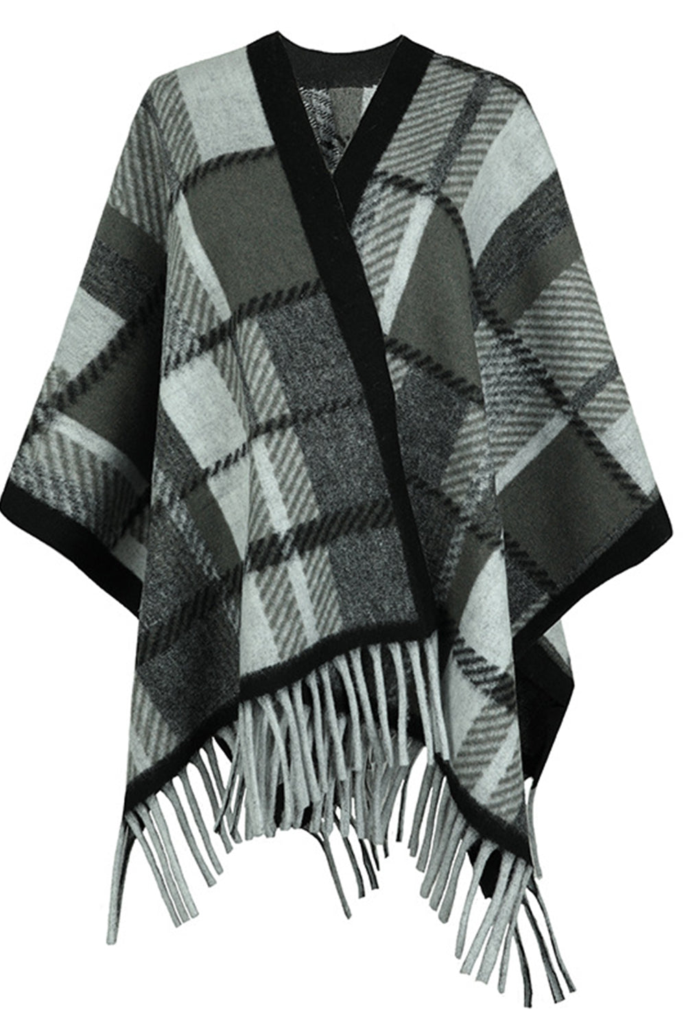 Cloak Sleeve Fringe Detail Poncho Charcoal One Size