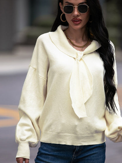 Tie Neck Dropped Shoulder Sweater White