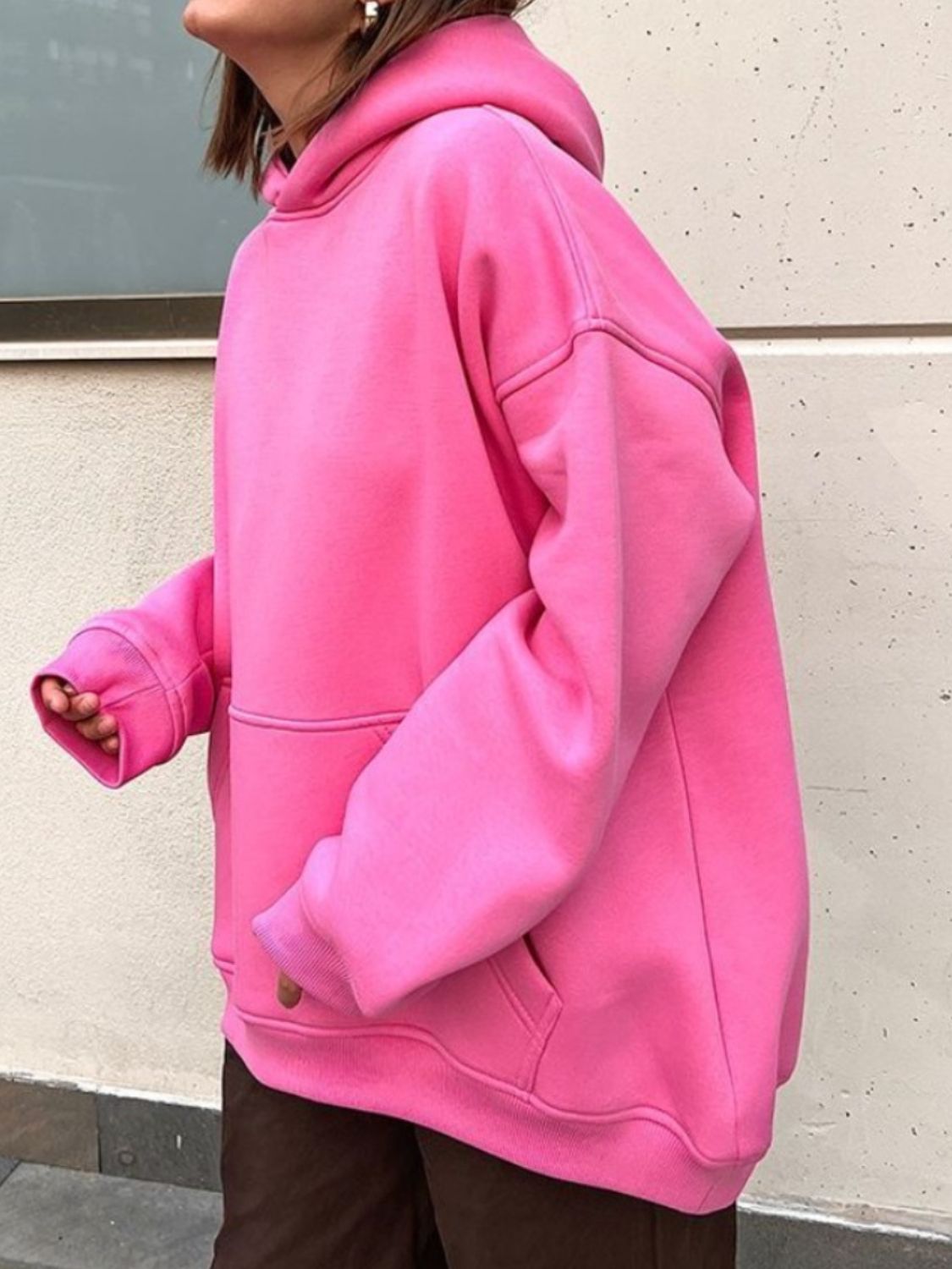 Pocketed Dropped Shoulder Long Sleeve Hoodie Hot Pink