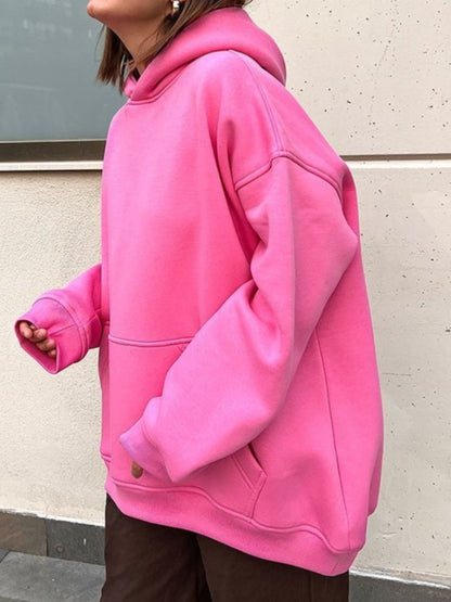 Pocketed Dropped Shoulder Long Sleeve Hoodie Hot Pink