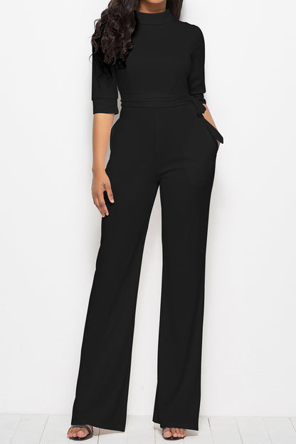 Mock Neck Tie-Waist Half Sleeve Jumpsuit Black