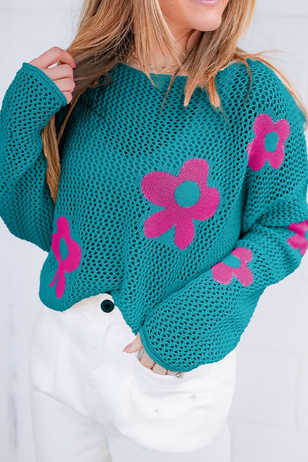 Flower Boat Neck Long Sleeve Knit Cover Up Turquoise