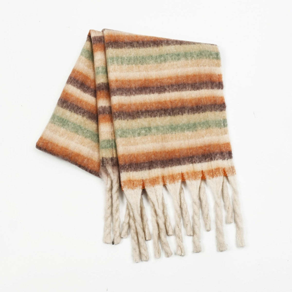 Fringe Contrast Striped Polyester Scarf Tan One Size