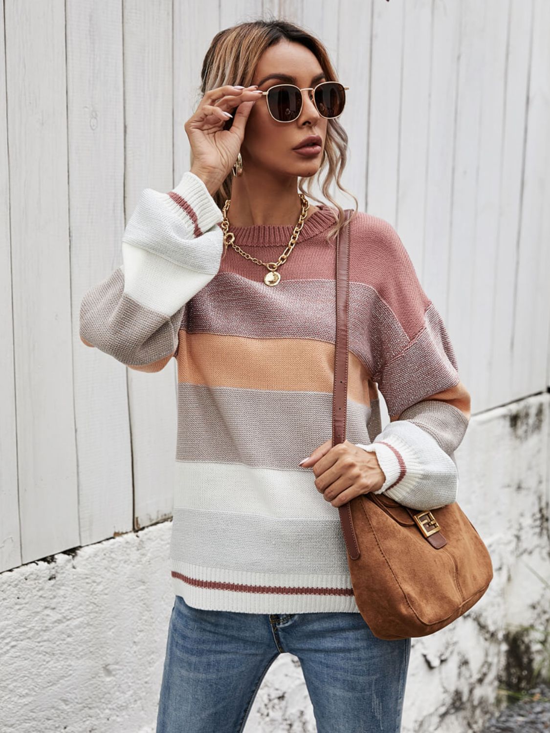 Striped Ribbed Trim Sweater Mauve