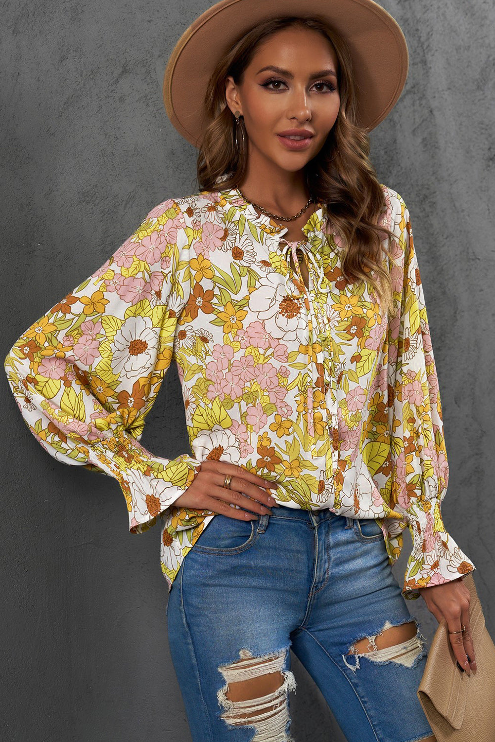 Floral Frill Trim Tie Neck Flounce Sleeve Blouse