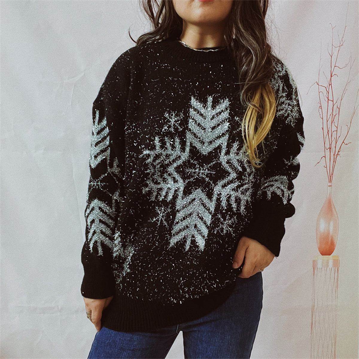 Snowflake Pattern Long Sleeve Sweater Black