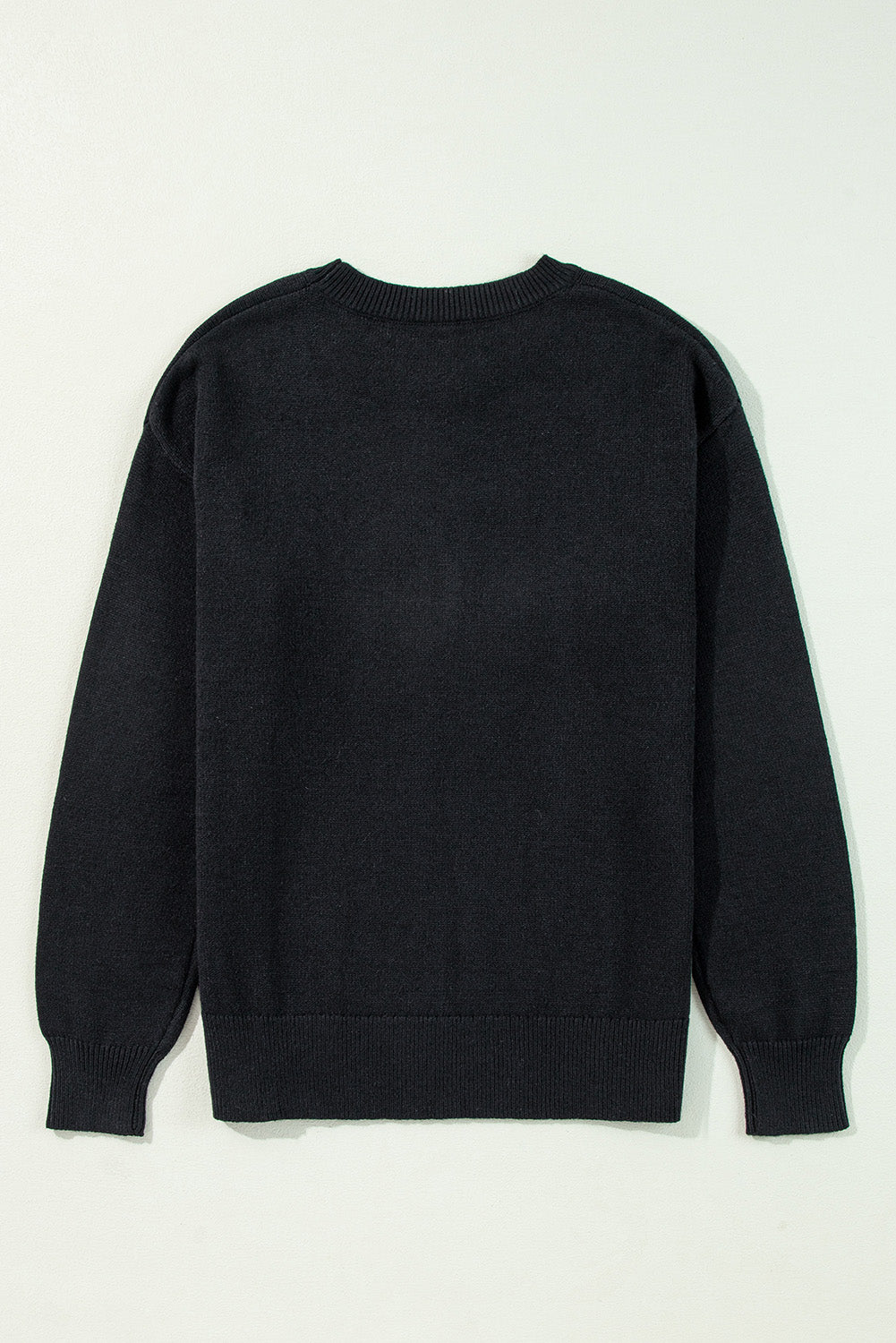 Black Boo Knitted Pattern Ribbed Edge Drop Shoulder Sweater