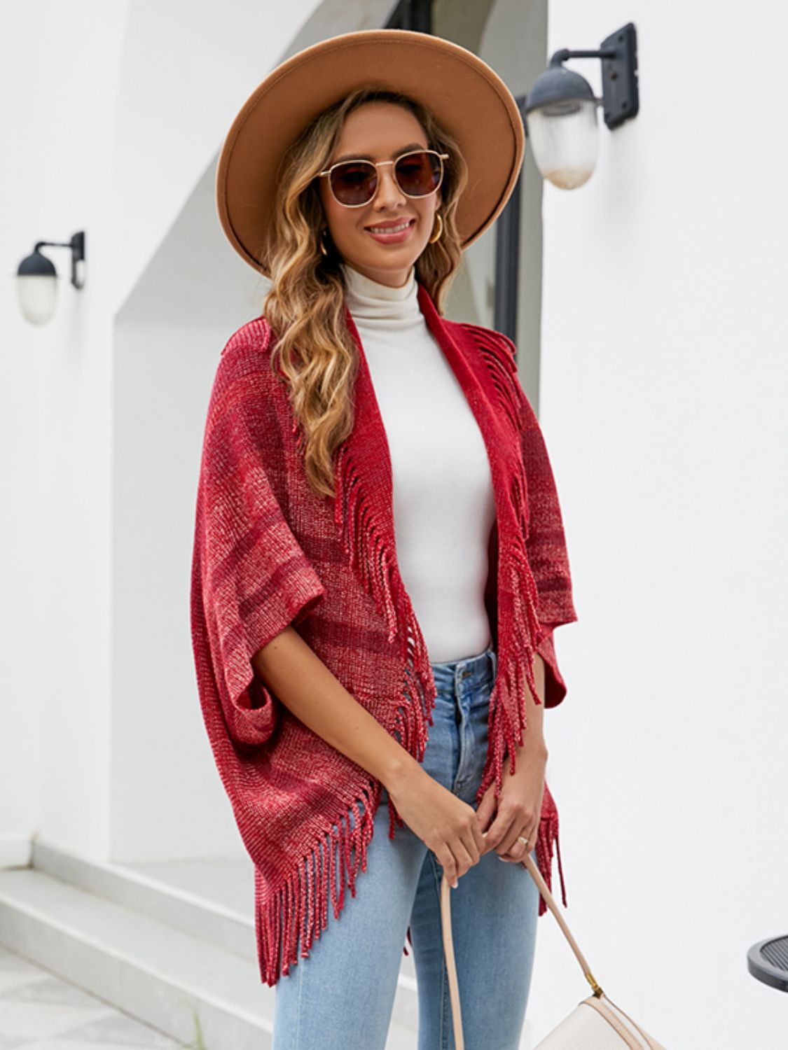 Fringe Detail Open Front Poncho - Thandynie