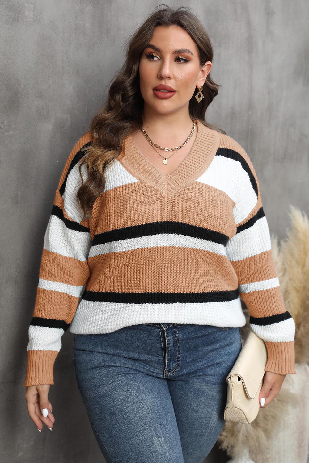 Plus Size Striped V-Neck Dropped Shoulder Sweater Camel