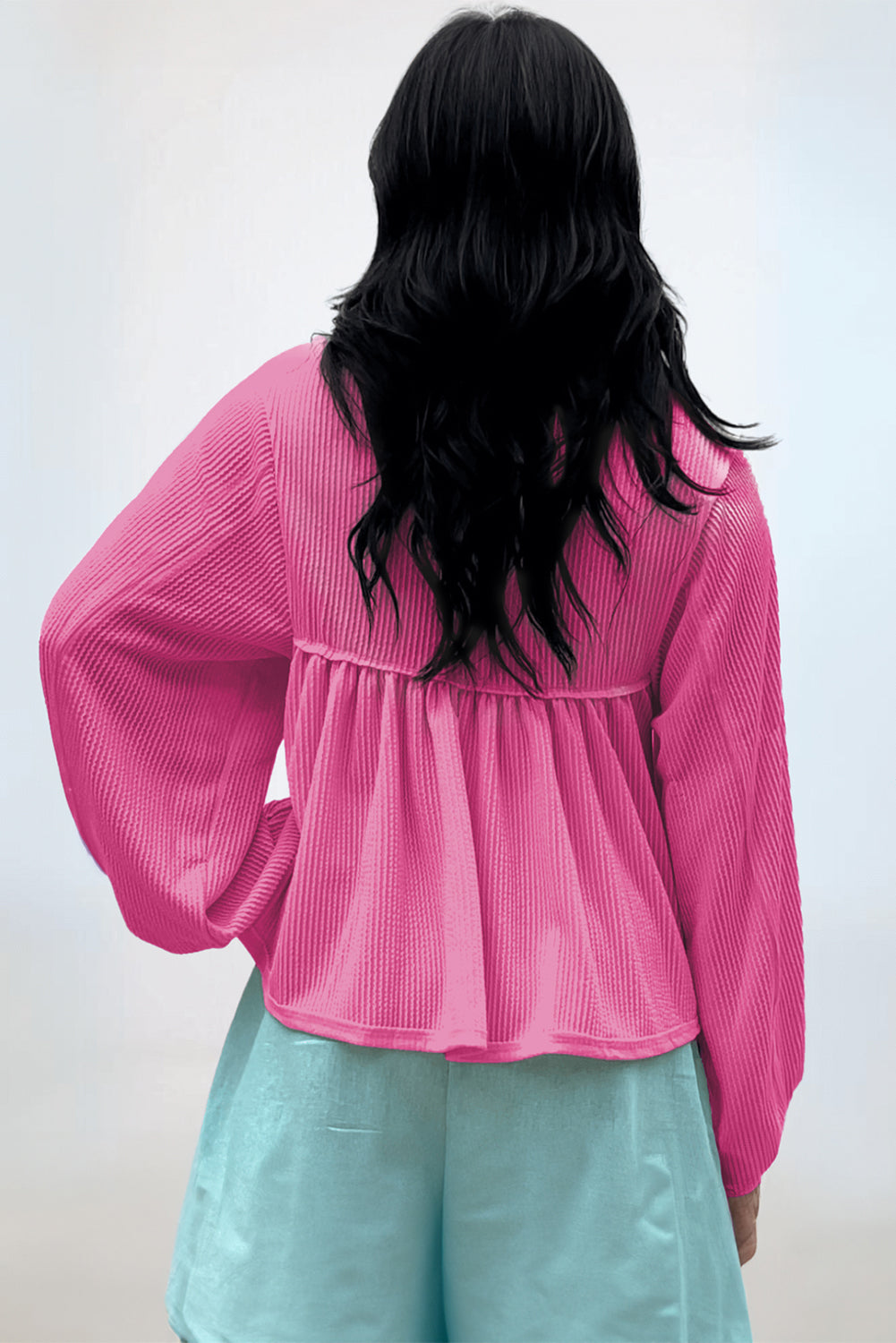 Bright Pink Corded Turn-down V Neck Bubble Sleeve Babydoll Blouse