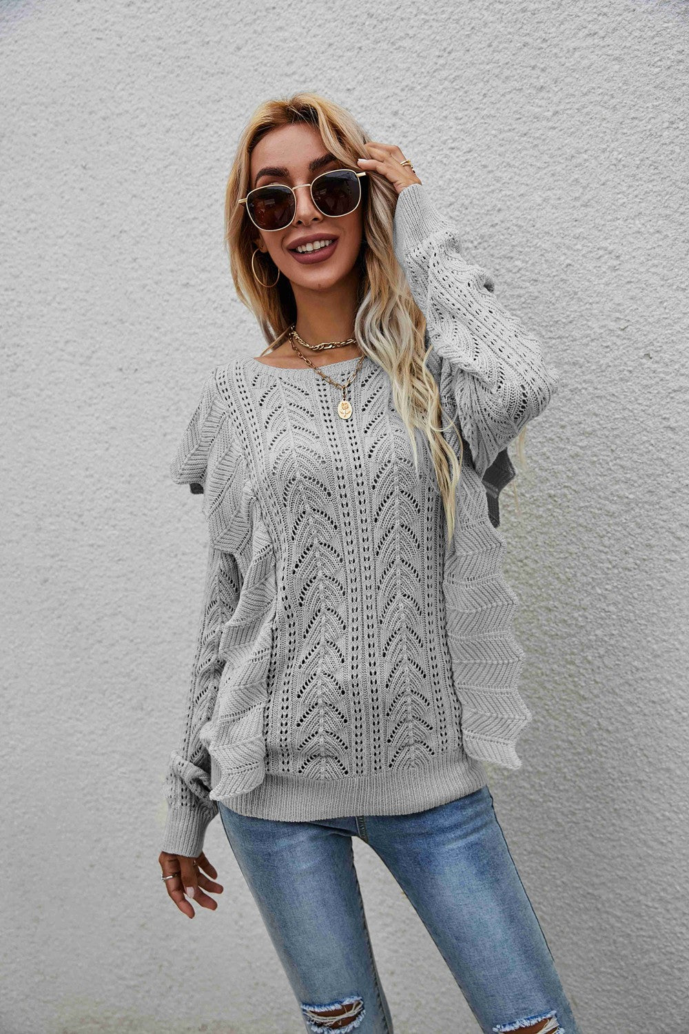 Openwork Round Neck Ruffled Sweater Gray