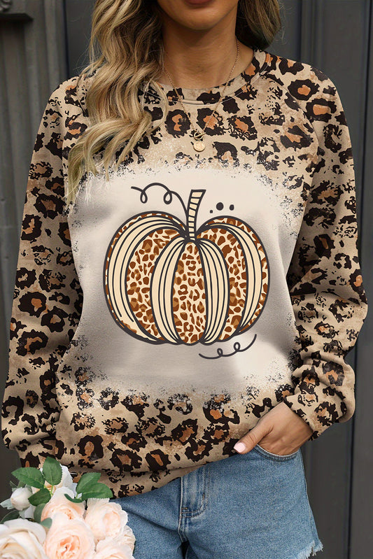 Brown Bleached Halloween Pumpkin Leopard Print Sweatshirt Brown 95%Polyester+5%Elastane