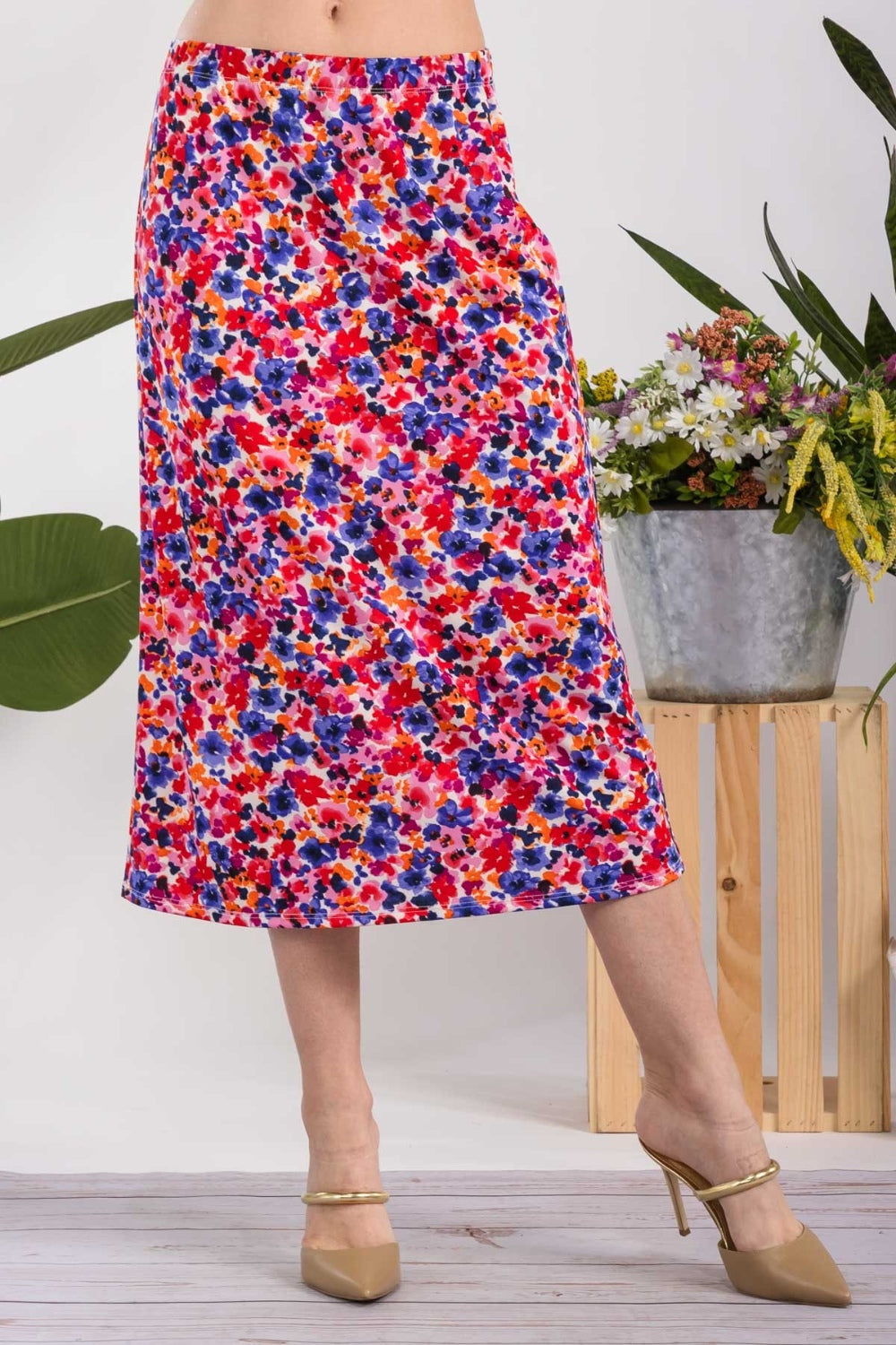 Celeste Full Size Floral A-Line Midi Skirt Fuchsia Floral