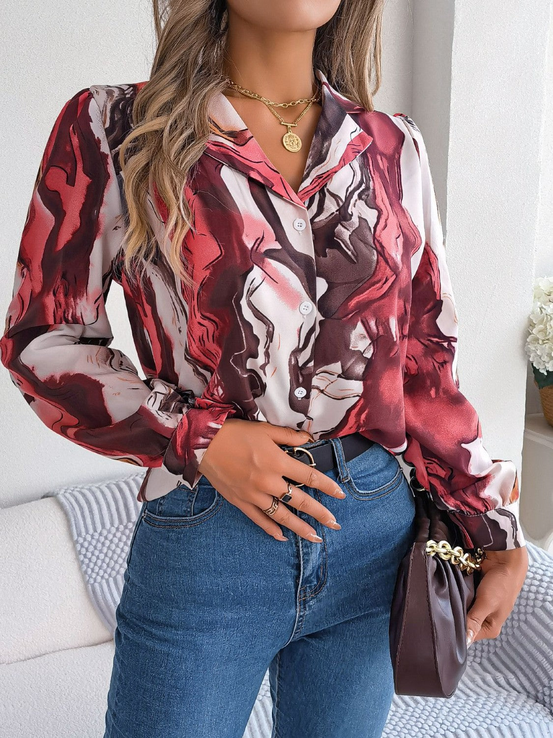 Printed Button Up Long Sleeve Shirt - Thandynie