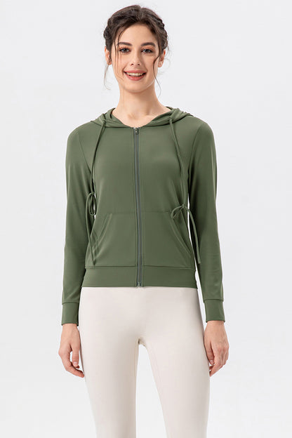 Drawstring Zip Up Hooded Active Outerwear Matcha Green