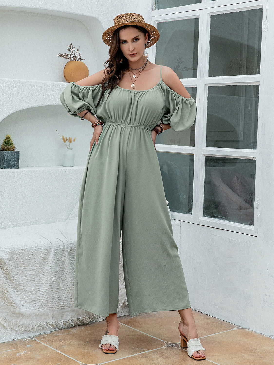 Spaghetti Strap Wide Leg Jumpsuit Sage