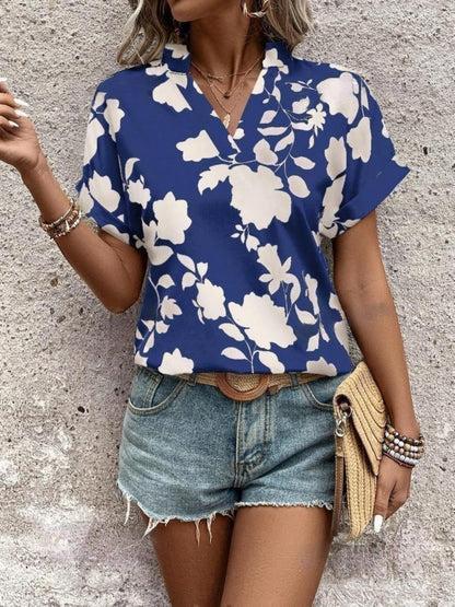 Flower Notched Short Sleeve Blouse Indigo