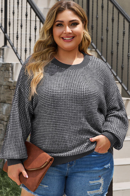 Plus Size Waffle-Knit Round Neck Dropped Shoulder Sweater Dark Gray