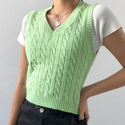 Cable-knit V-Neck Sweater Vest Light Green