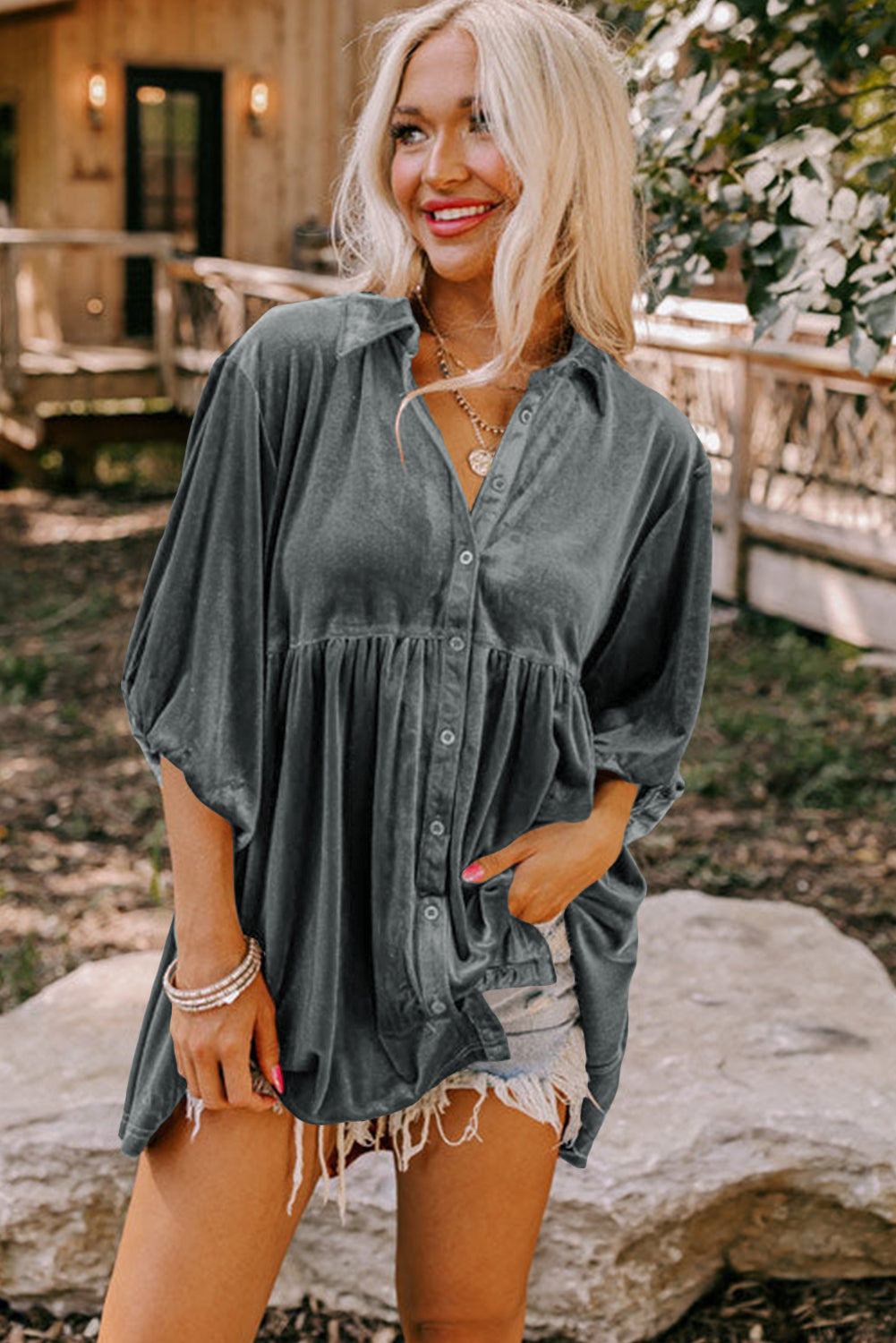 Dark Grey 3/4 Sleeve Tunic Babydoll Velvet Shirt