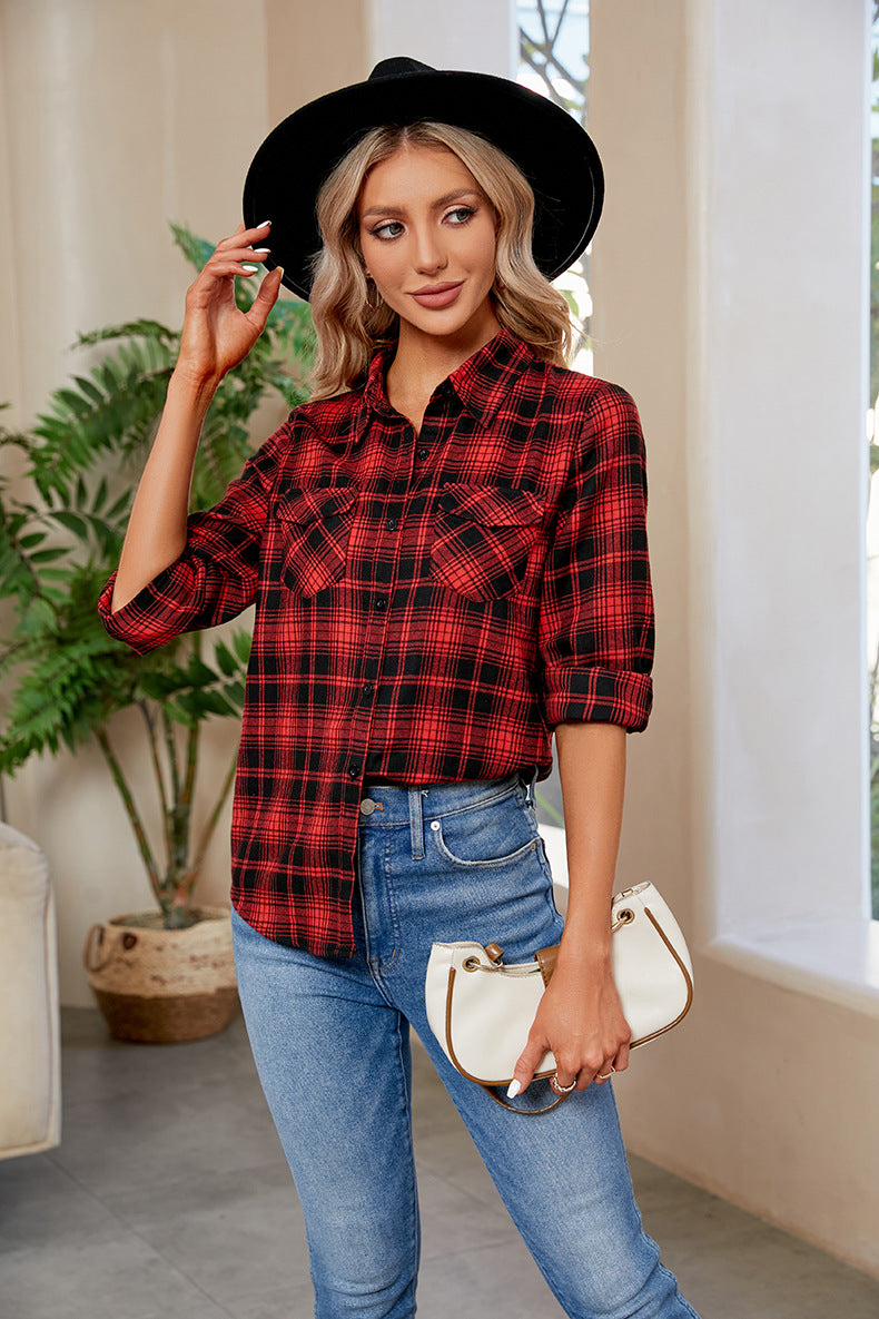 Plaid Curved Hem Long Sleeve Shirt Deep Red