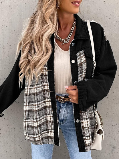 Plaid Button Up Dropped Shoulder Jacket Black