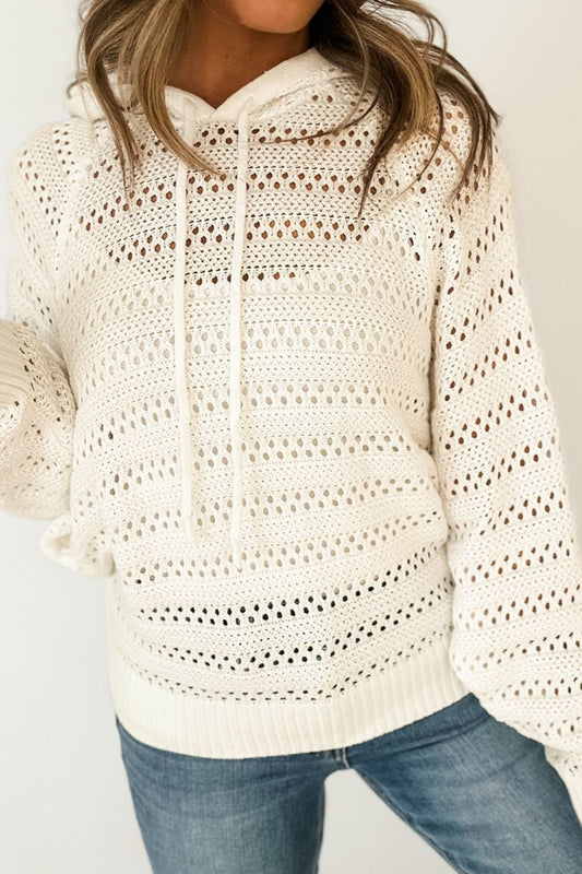 Openwork Drawstring Long Sleeve Hooded Knit Cover Up Beige