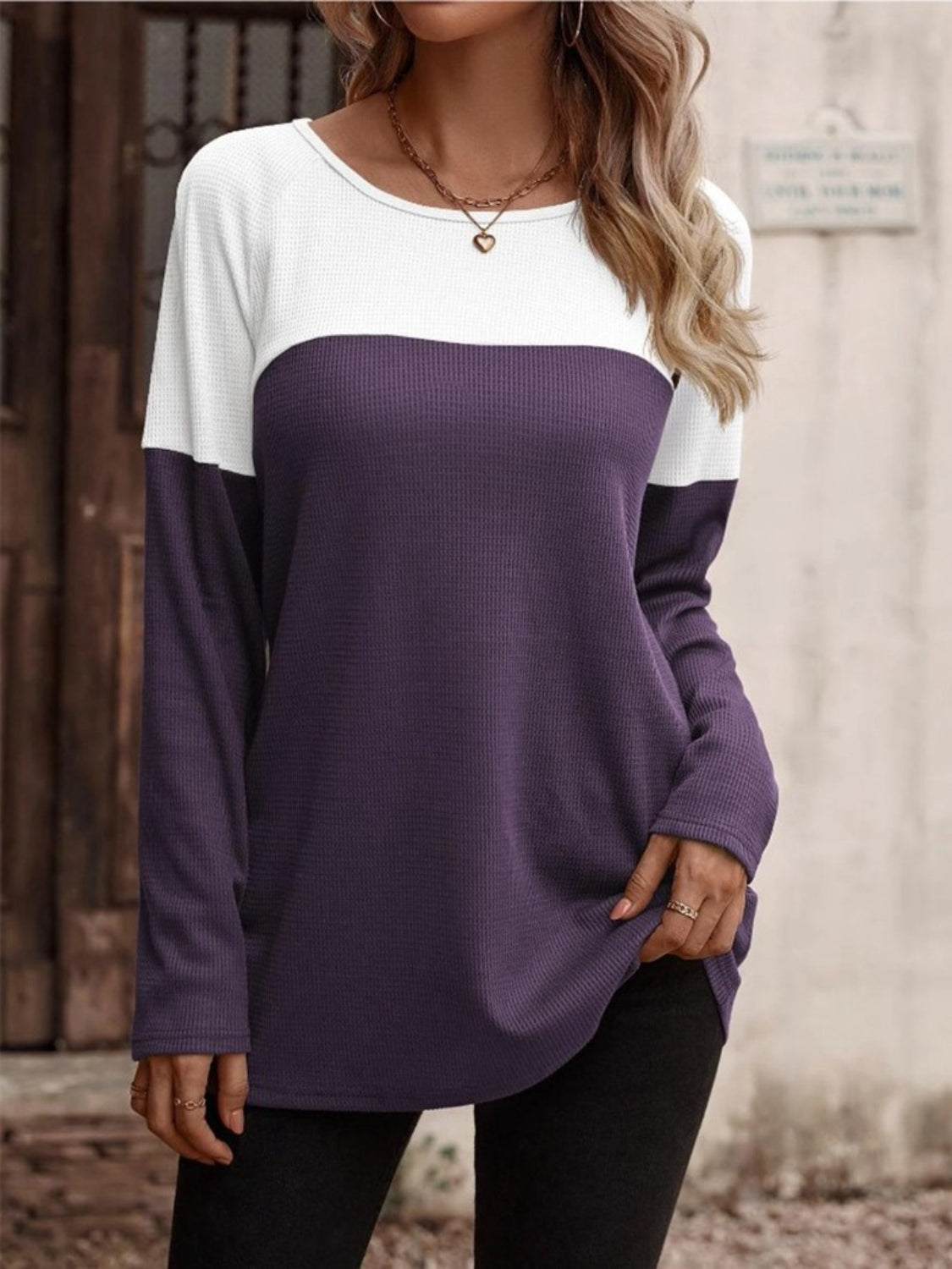 Contrast Round Neck Long Sleeve T-Shirt