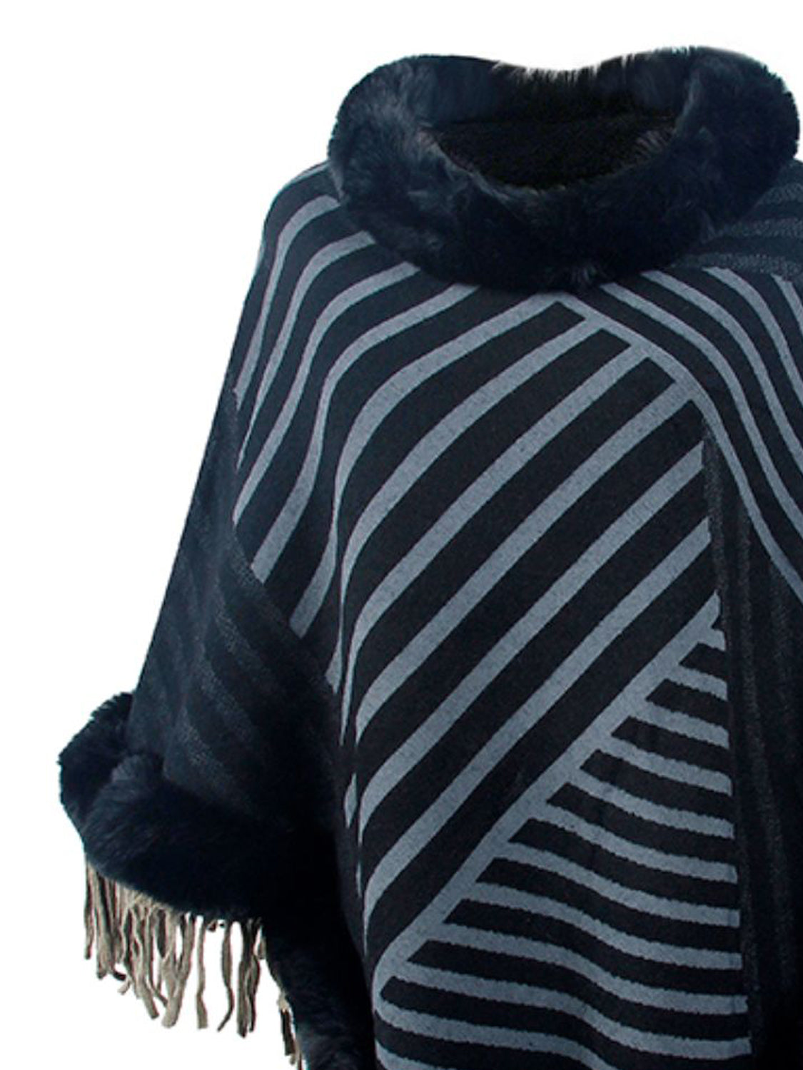 Striped Fringe Hem Poncho - Thandynie