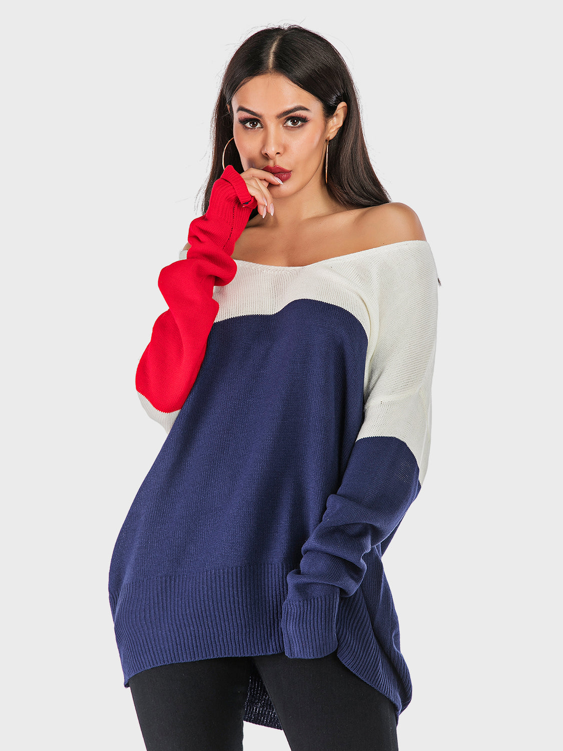 Perfee Contrast V-Neck Long Sleeve Knit Top