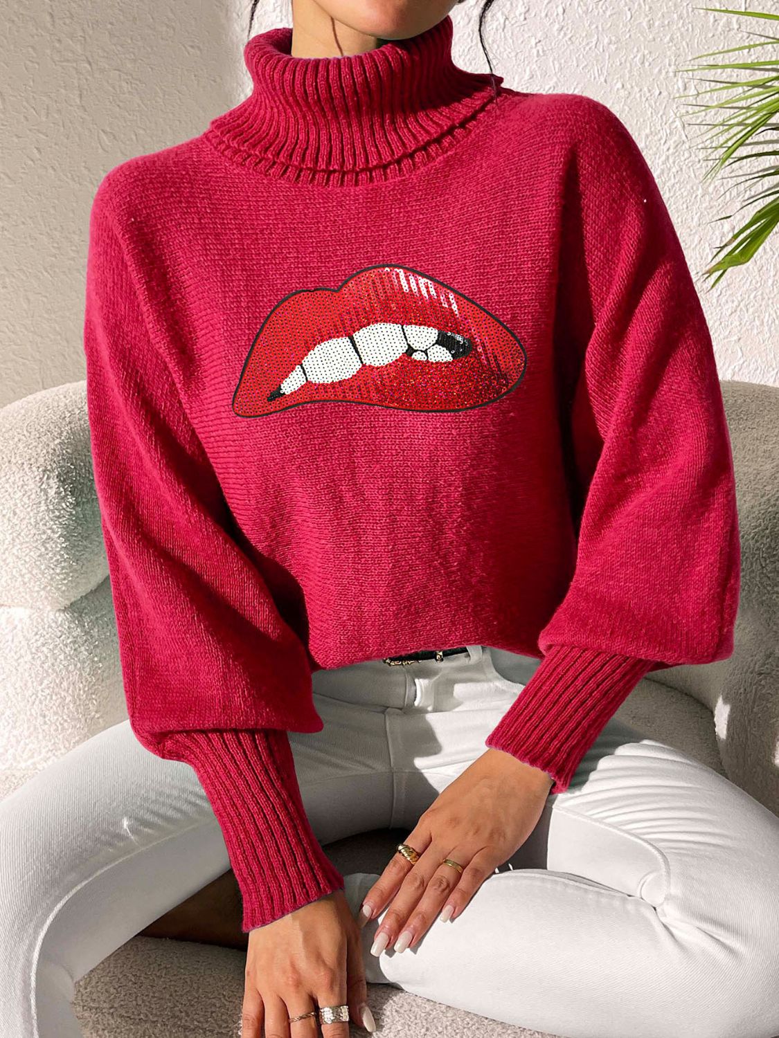 Lip Turtleneck Long Sleeve Sweater Deep Red