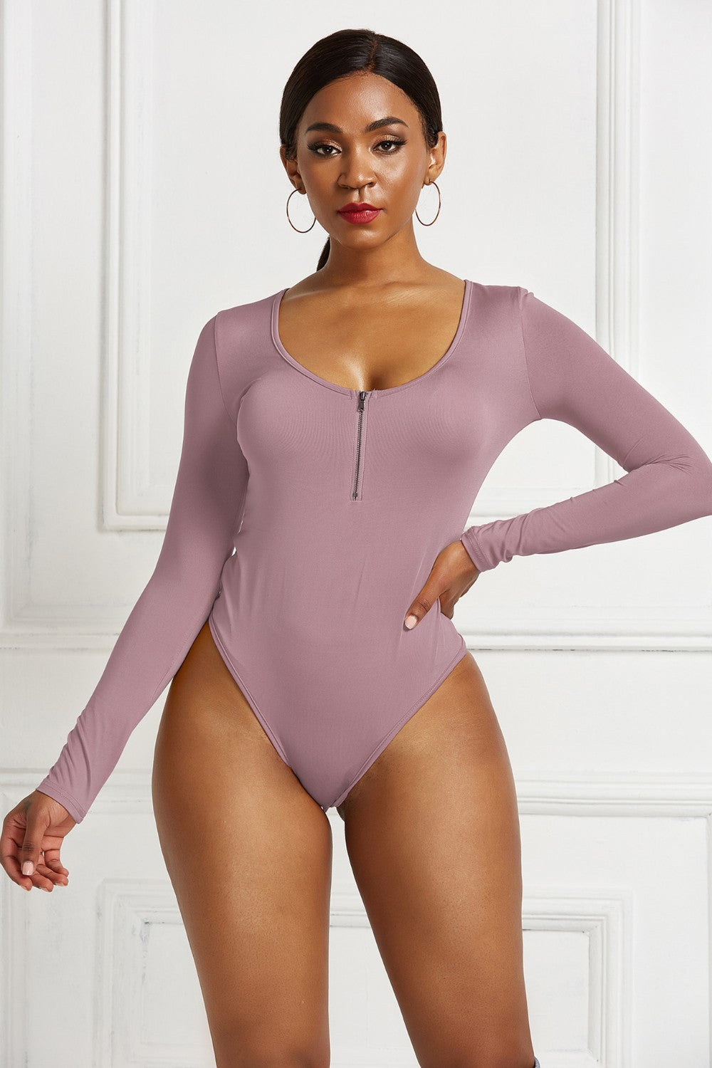 Half Zip Scoop Neck Long Sleeve Bodysuit - Thandynie