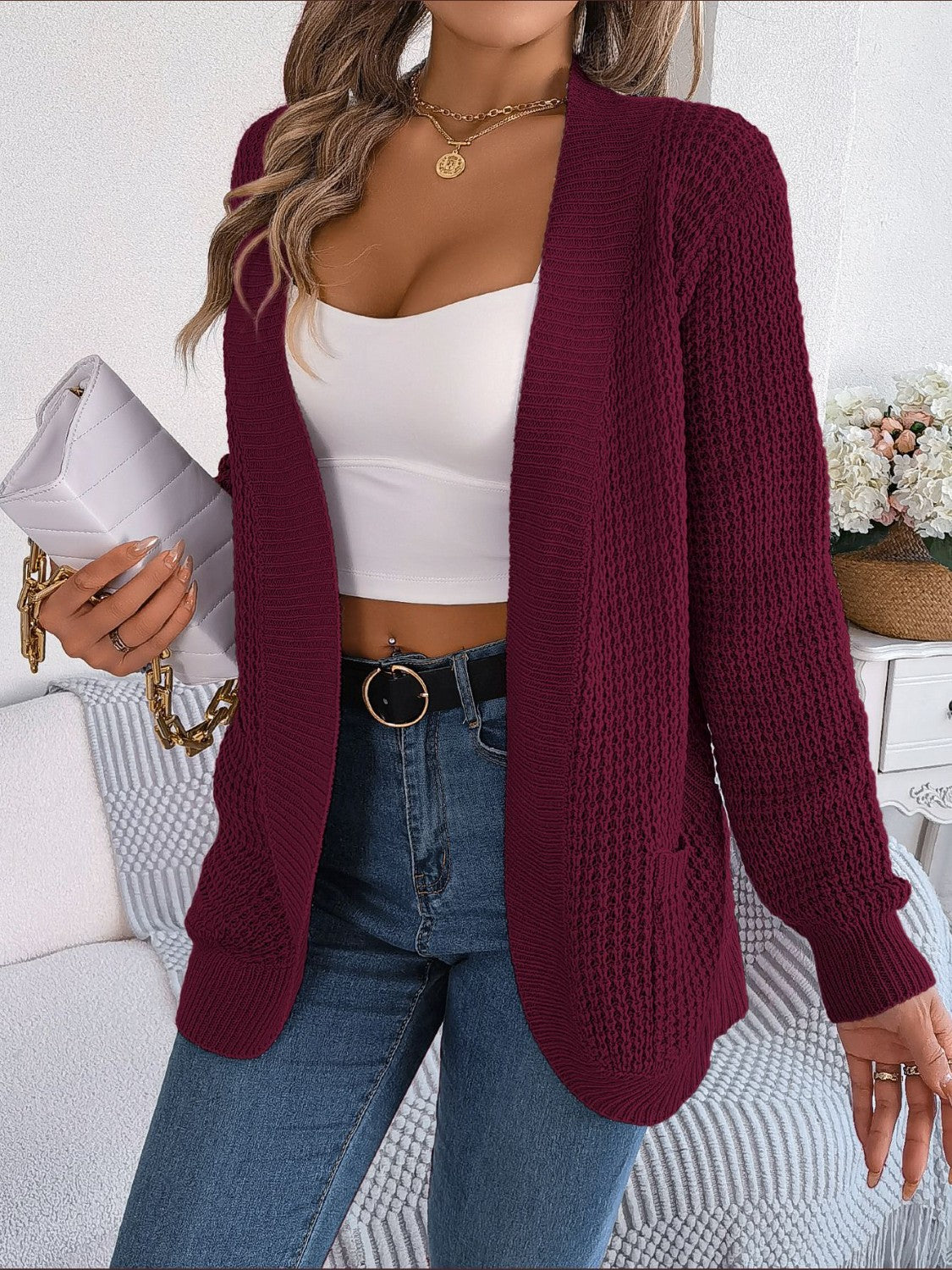 Open Front Long Sleeve Cardigan with Pockets - Thandynie