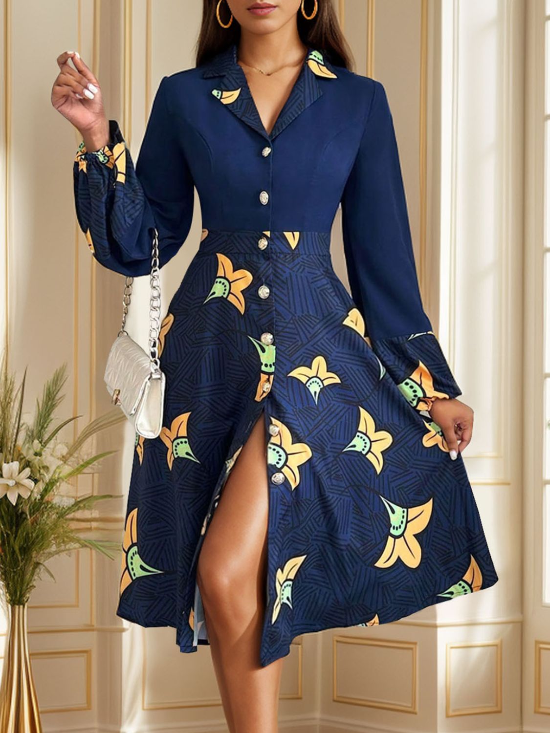 Printed Collared Neck Long Sleeve Dress Dark Blue