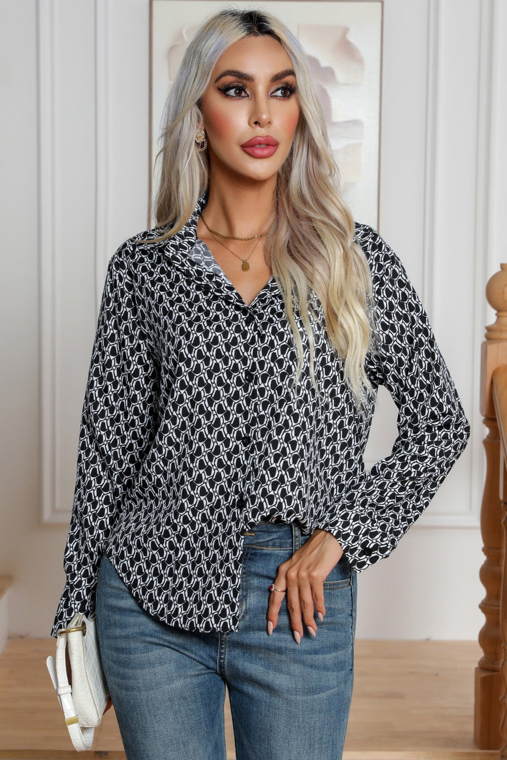 Printed Buttoned Long Sleeve Shirt Black