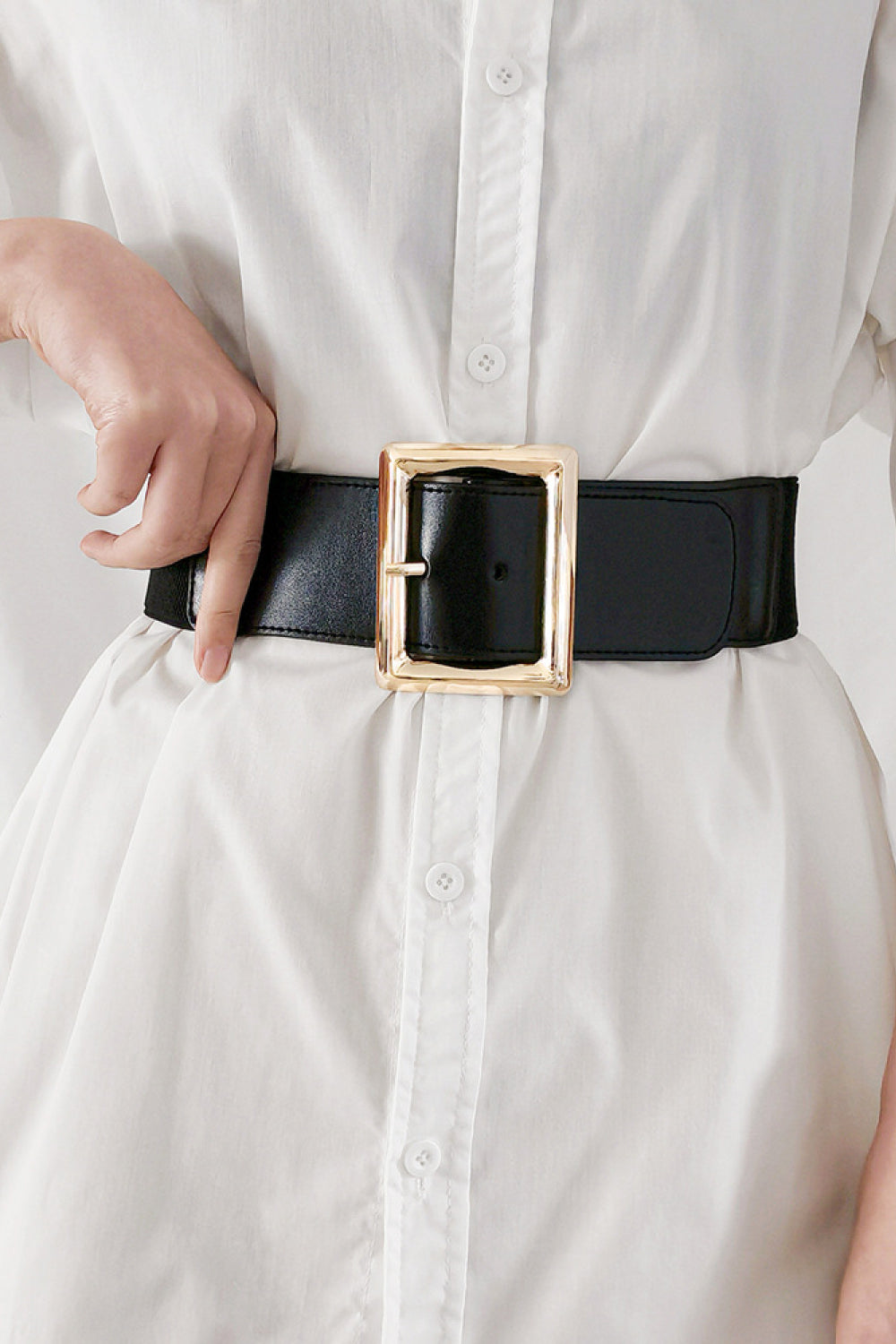 Rectangle Buckle Elastic Wide Belt Black One Size