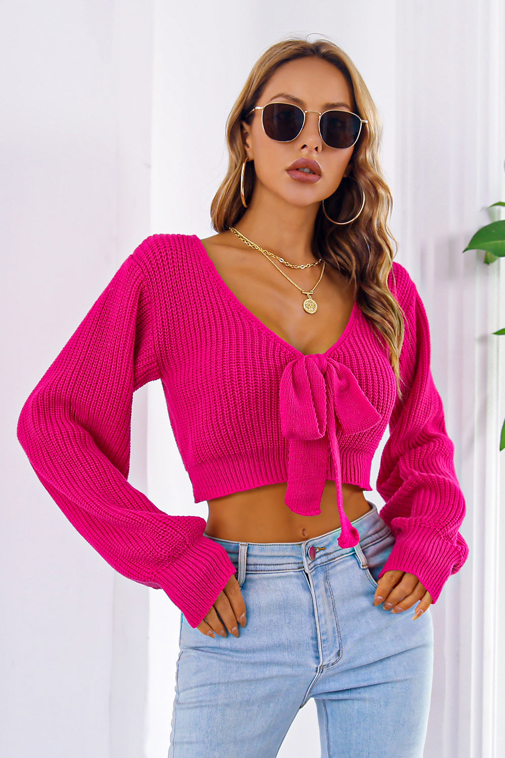 Bow V-Neck Long Sleeve Cropped Sweater Deep Rose