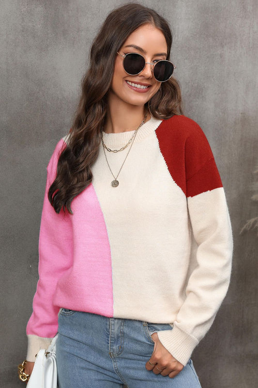 Color Block Ribbed Cuff Drop Shoulder Sweater Pink