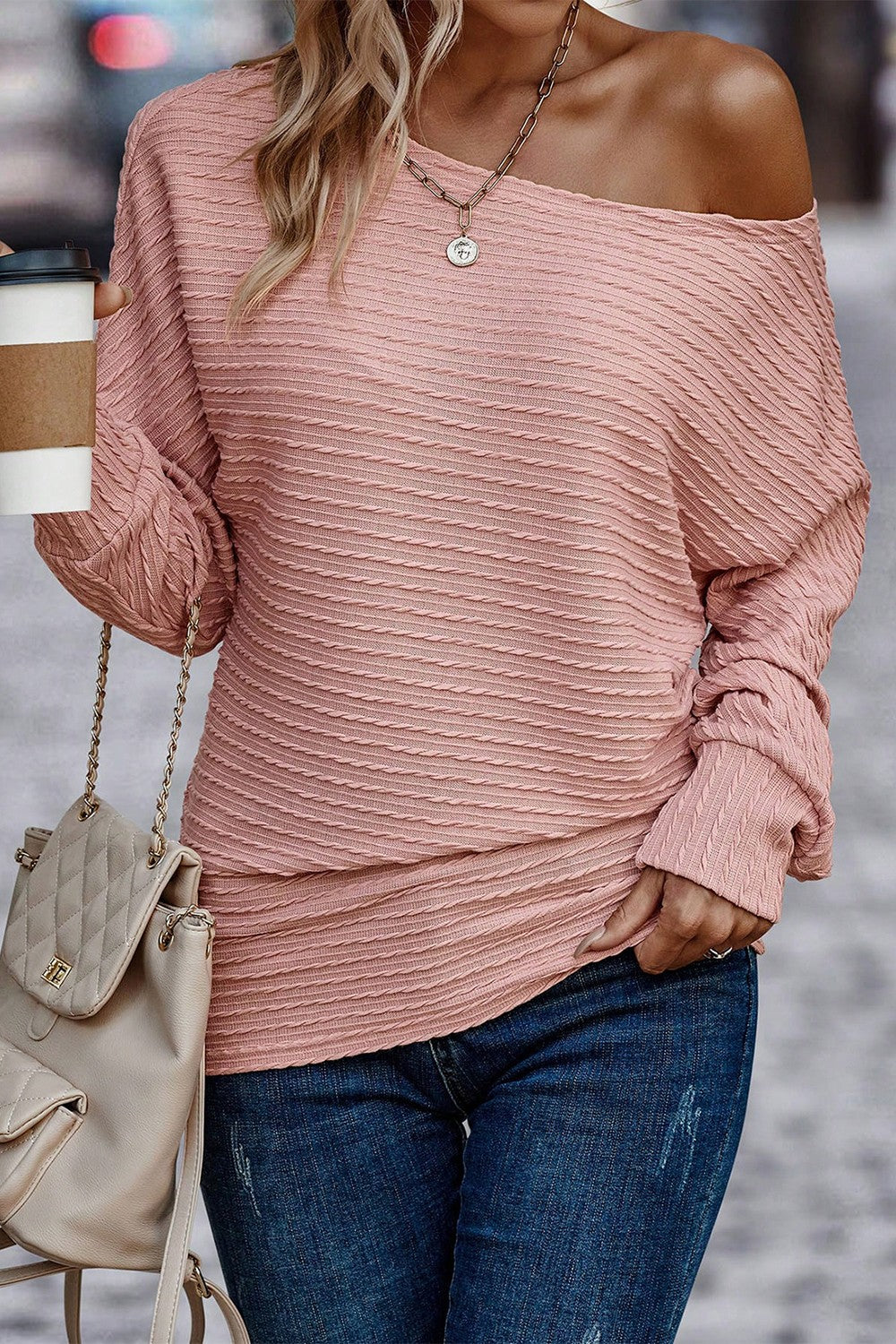 Texture Round Neck Long Sleeve Top - Thandynie