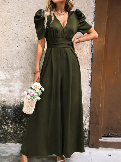 V-Neck Short Sleeve Wide Leg Jumpsuit Army Green