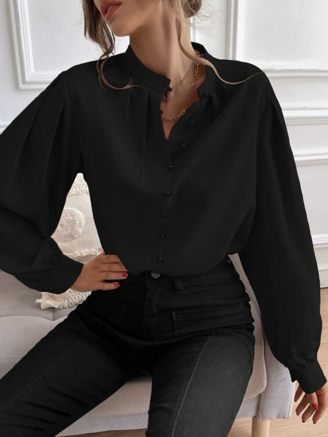 Mock Neck Button Front Shirt Black